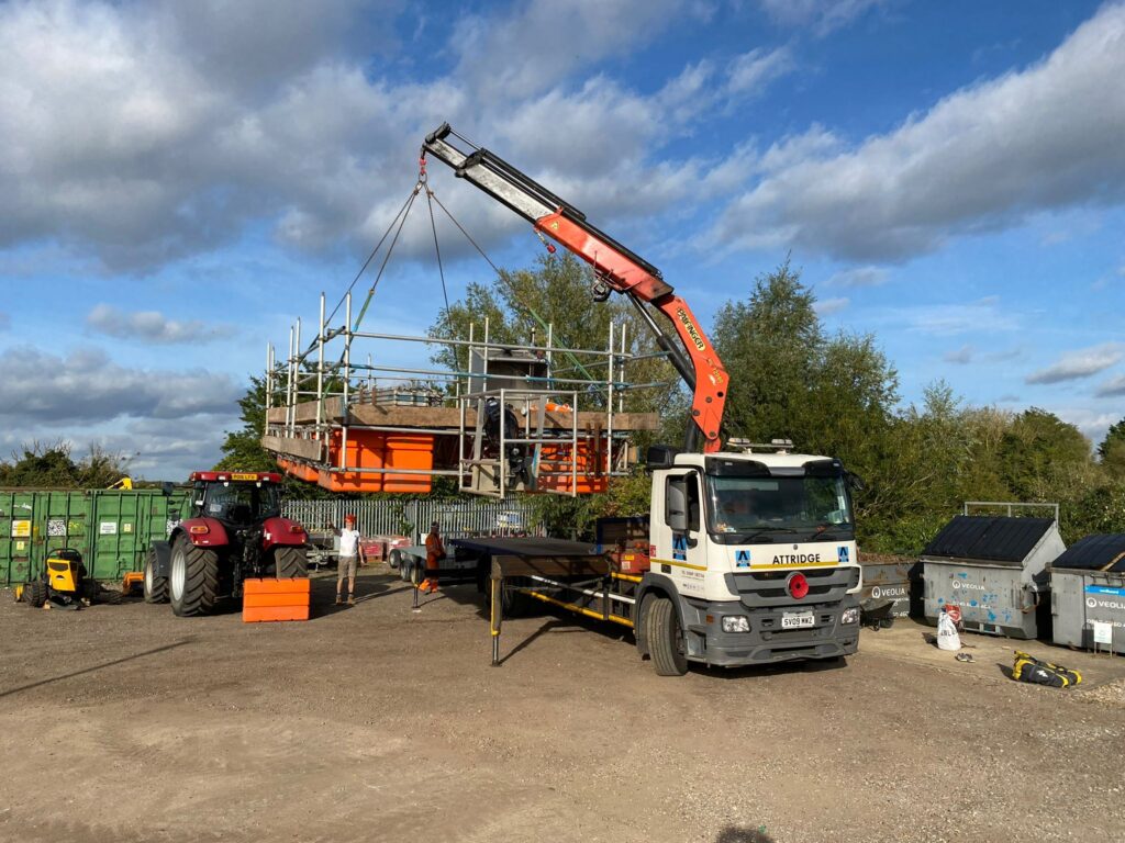 ScaffFloat pontoon for railway bridge - offloading from the lorry